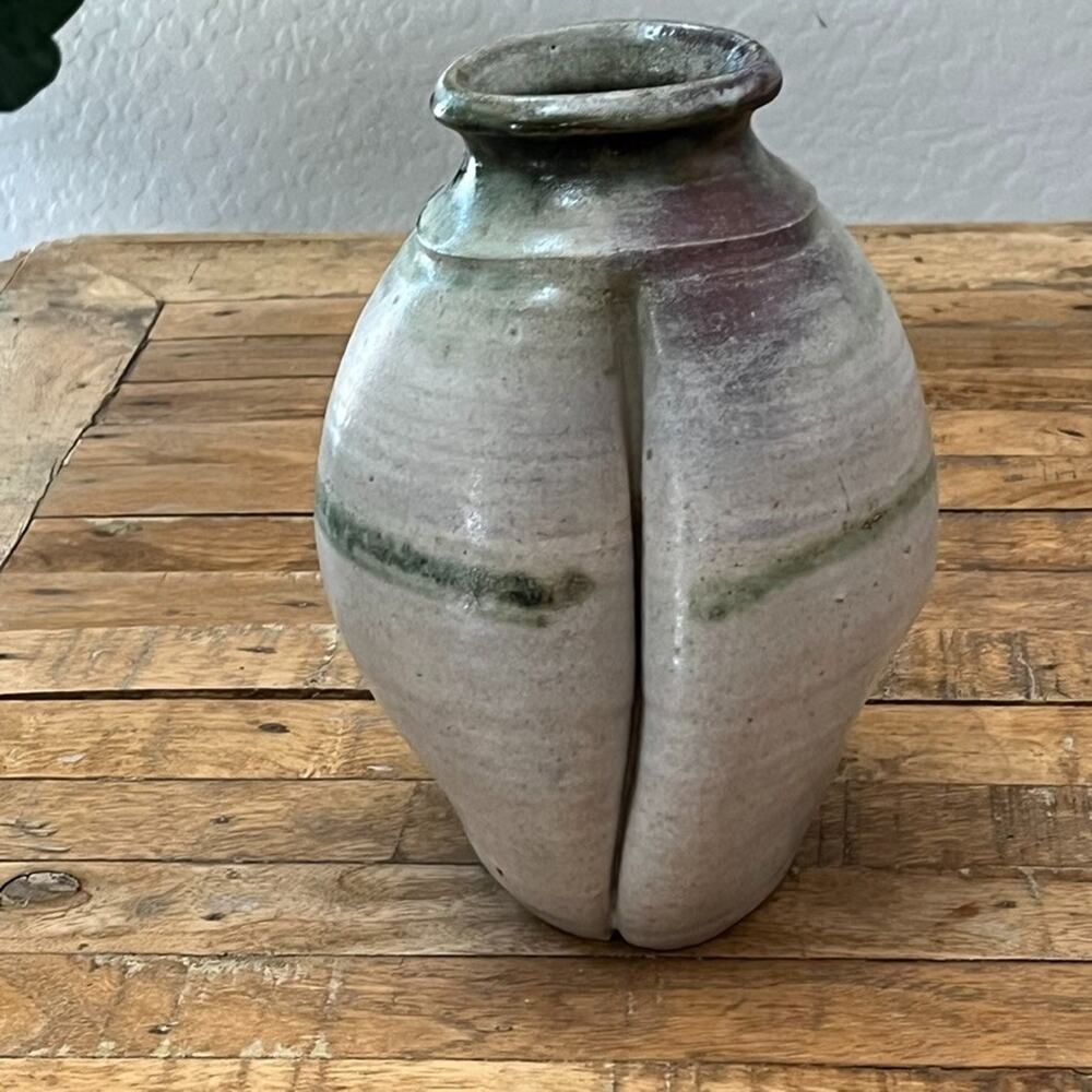 Art Studio Pottery Vase 9.5" Stoneware Gray & Green Brutalist Modern